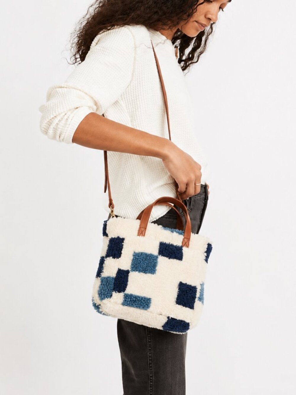 Sherpa Teddy Tote Bag Geometric Crossbody Purse Cream Blue Cozy Chic
